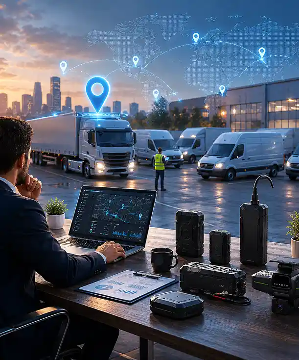 Commercial semi truck driving on a wet highway at night representing real time fleet tracking
