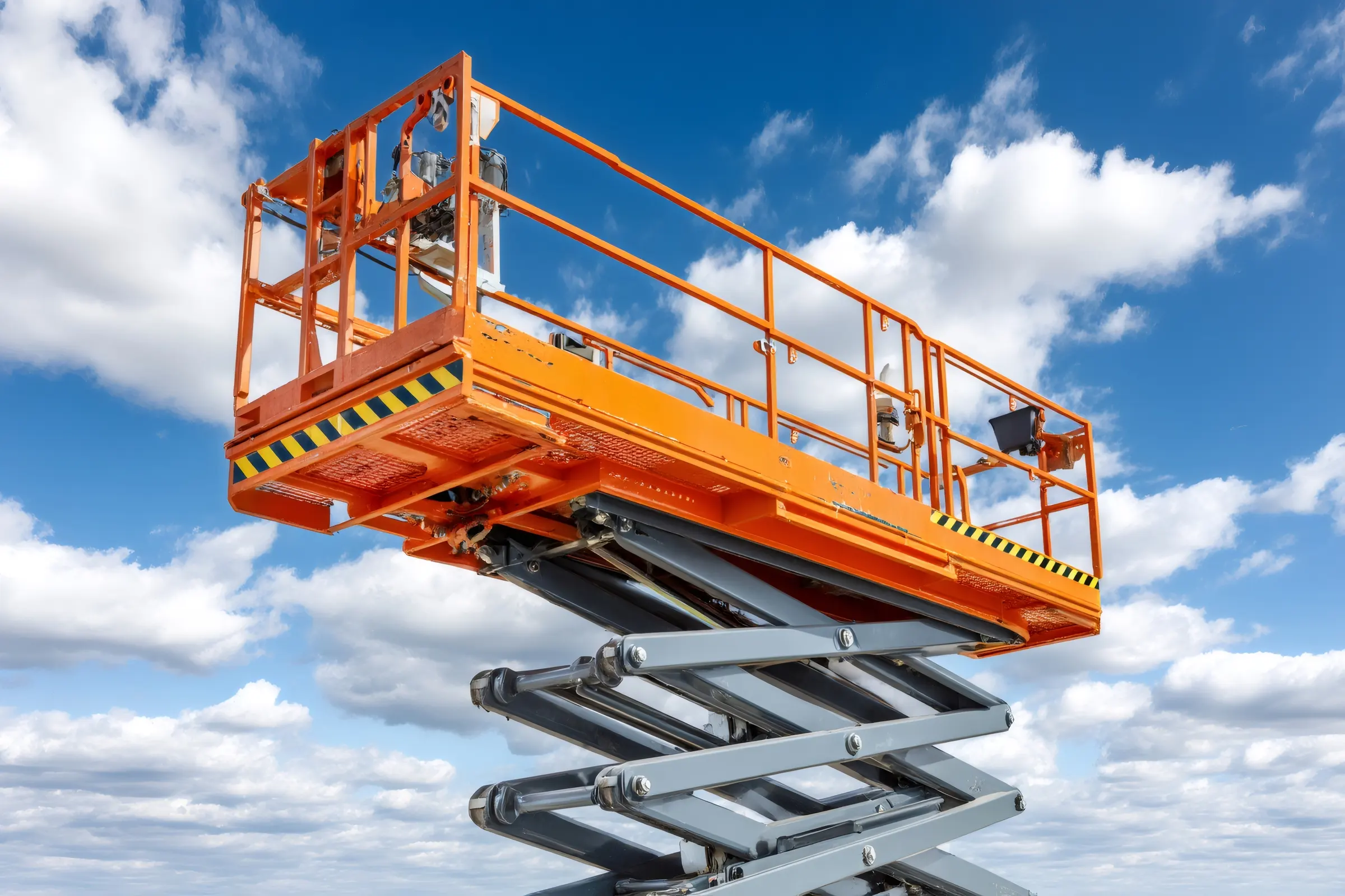 scissor-lift-extended-reaching-high-into-blue-sky-with-white