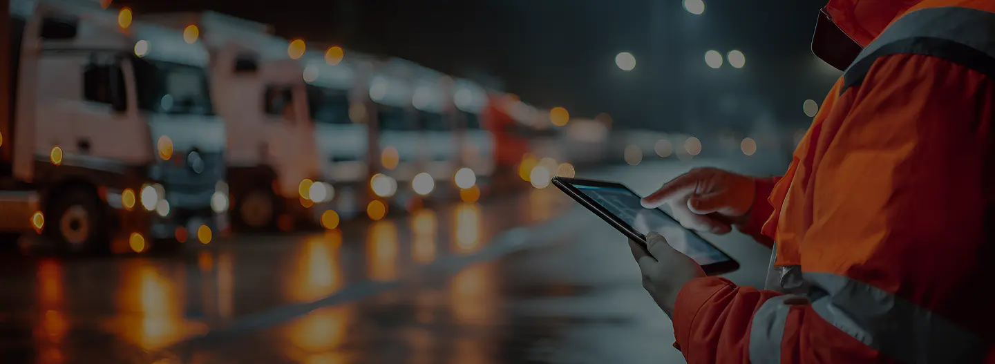 A logistics supervisor using tablet in a truck parking lot